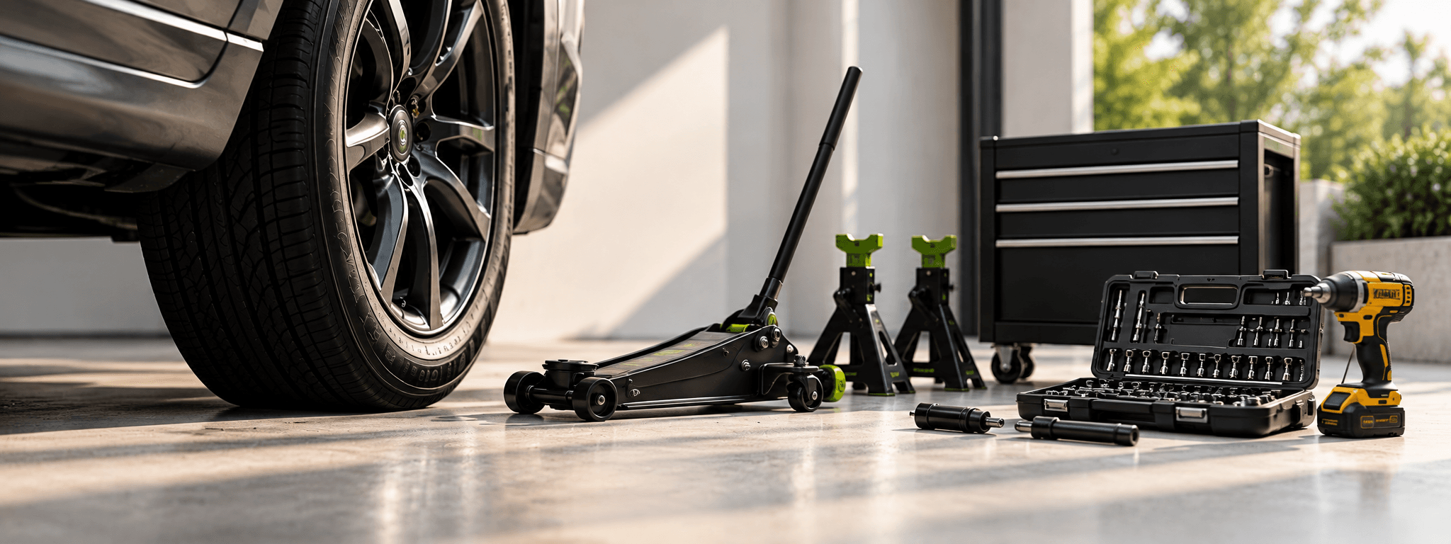 Premium garage tools beside a car in a sunny garage